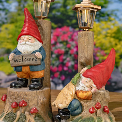Set of 2 Assorted Sleepy Woodland Gnomes Solar LED Lanterns "Gnorman & Gnolan"