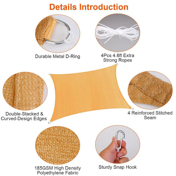 Rectangle Shade Sails Top Canopy 98% UV Block Awning Shelter Patio Cover 185GSM HDPE with Snap Hooks Ropes for Outdoor Garden Backyard