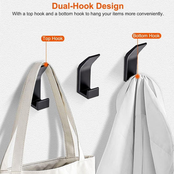 6 Pack Adhesive Hooks Aluminum Alloy Double Hook Wall Hanging Holders Hangers with Strong Glue 22LBS Capacity for Robe Coat Hat Keys