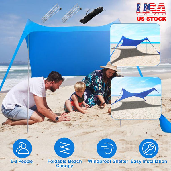 9.8x9.8FT Foldable Beach Canopy Tent Collapsible Shade Sail Sun Protection Windproof Shelter 4 Sandbag 2 Pole Portable Storage Bag Rectangle Blue