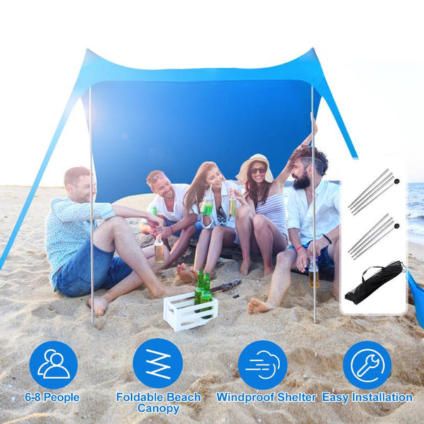 9.8x9.8FT Foldable Beach Canopy Tent Collapsible Shade Sail Sun Protection Windproof Shelter 4 Sandbag 2 Pole Portable Storage Bag Rectangle Blue