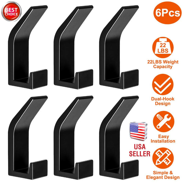 6 Pack Adhesive Hooks Aluminum Alloy Double Hook Wall Hanging Holders Hangers with Strong Glue 22LBS Capacity for Robe Coat Hat Keys