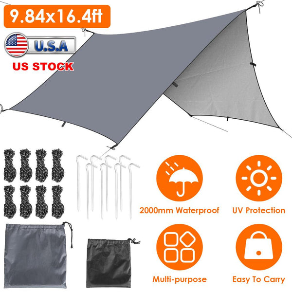Waterproof Camping Tarp Kit Tent Canopy Rain Fly Awning Shelter for Outdoor Picnic Hammock Hiking Backpacking Travelling UV Protection 9.84*16.4ft