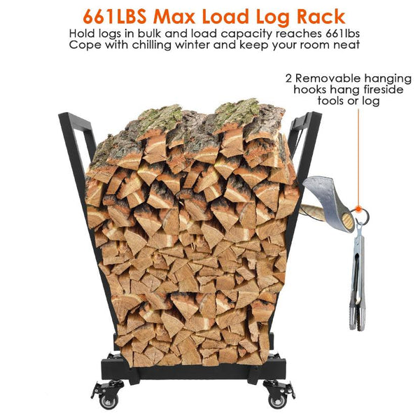 Firewood Log Rack 661LBS Iron Wood Lumber Storage Stacking Rack Holder with Hanging Hooks