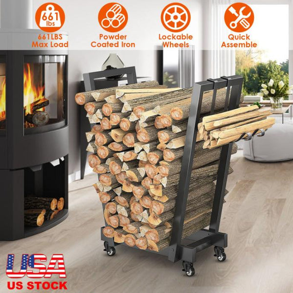 Firewood Log Rack 661LBS Iron Wood Lumber Storage Stacking Rack Holder with Hanging Hooks