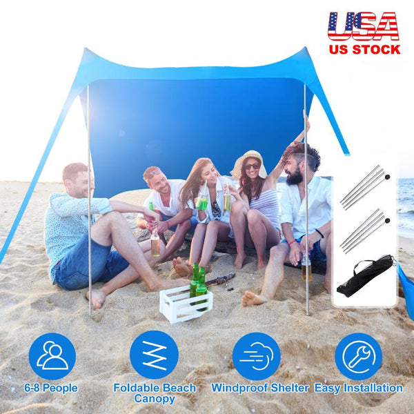 9.8x9.8FT Foldable Beach Canopy Tent Collapsible Shade Sail Sun Protection Windproof Shelter 4 Sandbag 2 Pole Portable Storage Bag Rectangle Blue