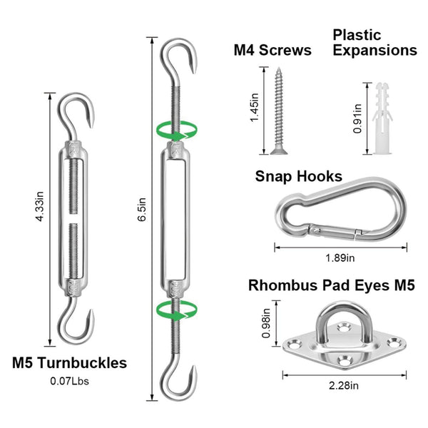 Sun Shade Sail Hardware Kit Stainless Steel Canopy Installation Kit Fixing Accessory for Rectangular Square Shade Sail Installation