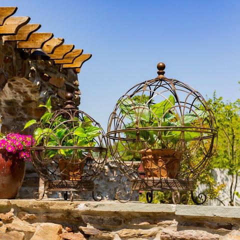 Set of 2 Iron Globe Plant Stands with Antique Rust Finish