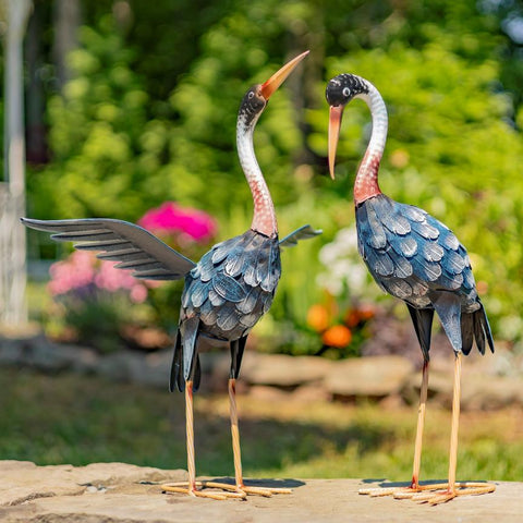 Set of 2 Painted Iron Blue Cranes Garden Decoration