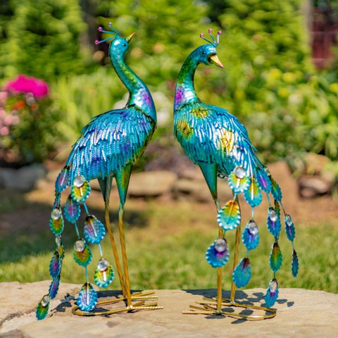 22" Tall Set of 2 Painted Iron Peacocks Garden Decoration