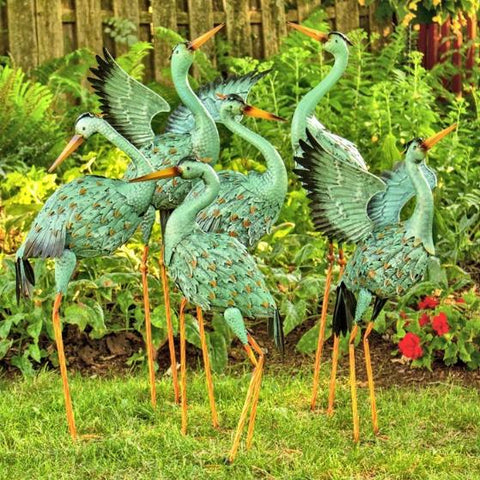 Set of 6 Assorted Style Blue Crane Metal Yard Figurines