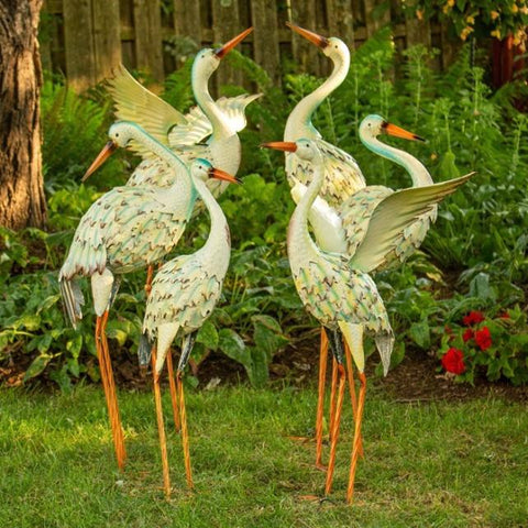 Set of 6 Assorted Iron Herons Garden Decoration Antique White
