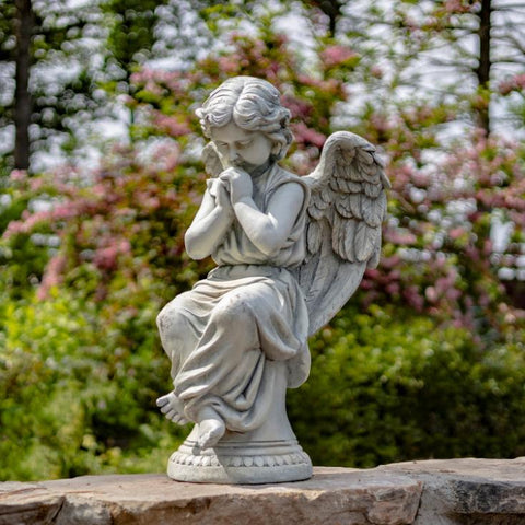Angel Statue Sitting and Praying in Antique White "Evie" 28" Tall Magnesium