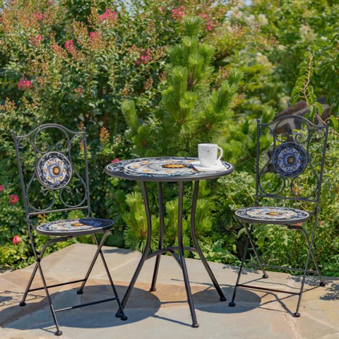"Luna" Three Piece Mosaic Bistro Set - Navy, Light Blue & Yellow