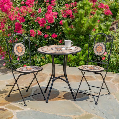 "Sedona" Three Piece Mosaic Bistro Set & Plants Stands Tan & Blue