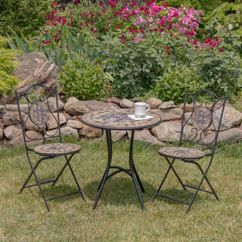 "Medora" Three Piece Mosaic Bistro Set - Stone Grey & Tan