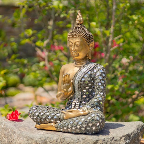 Preaching Buddha Statue with Diamond Mirror Accents 17.3" Tall Polyresin