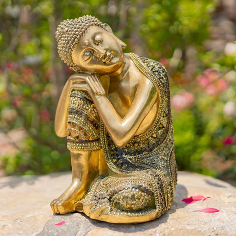 Frosted Gold Polyresin Thinking Buddha Idol Small Statue 13.8" Tall