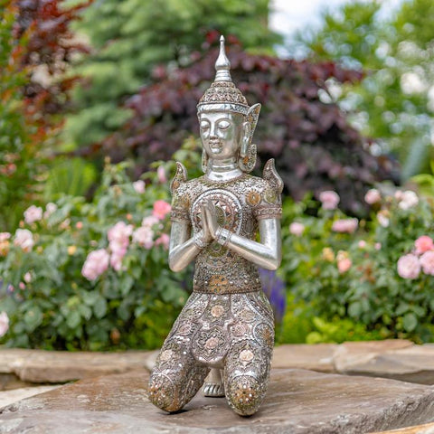 Silver Polyresin Thai Kneeling in Prayer Buddha 25.6" Tall