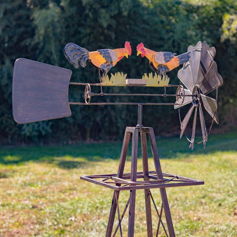 Iron Windmill with Feeding Roosters & Weather Vane 59.8" Tall