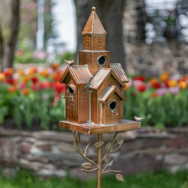 Tall Birdhouse Stakes Chapel Condo | Copper Galvanized