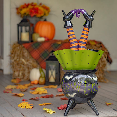 "Bewitched" Halloween Cauldron with Upside Down Witch with Light