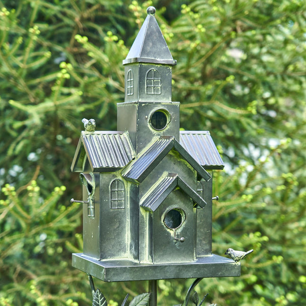 Tall Birdhouse Stakes Chapel Condo | Copper Galvanized