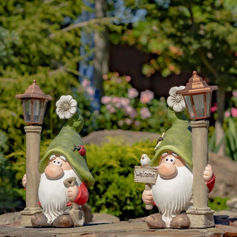 Welcome Garden Gnomes with Solar Lantern Light Posts | Set of 2