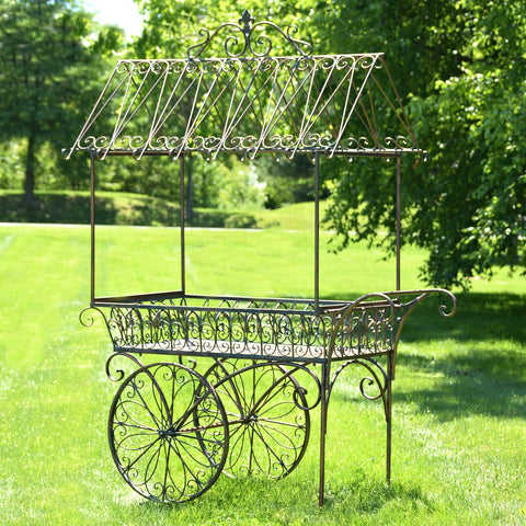 Large Antique Metal Flower Cart with Roof & Wheels "Paris 1968"