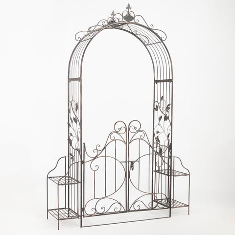 Garden Gate Arch with Side Plant Stands Iron Metal | Vineyard Yard Entrance