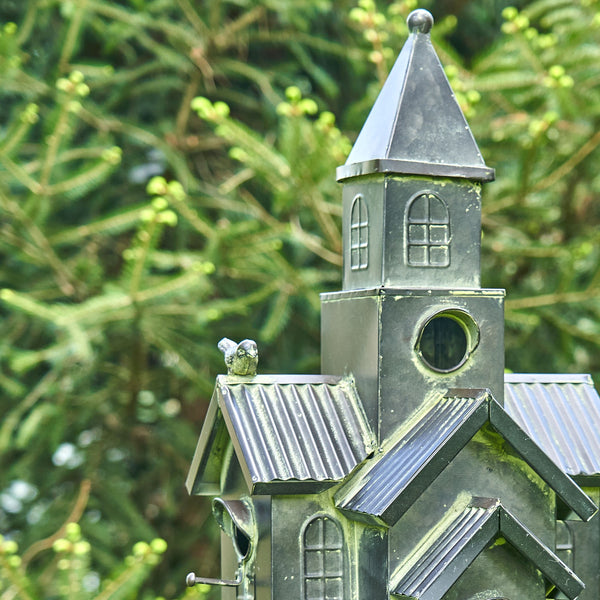Tall Birdhouse Stakes Chapel Condo | Copper Galvanized