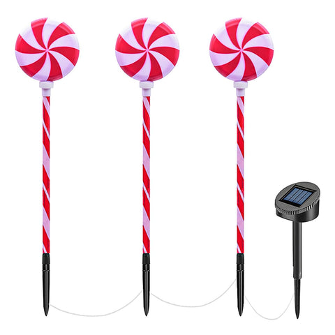 Christmas Candy Lollipops Light Set of 3 Waterproof Stake Solar Lamp for Yard Garden Pathway