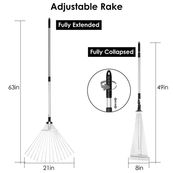 Width Changing Rake 63in Adjustable Garden Leaf Rake 15 Teeth Expanding Stainless Steel Ra ...