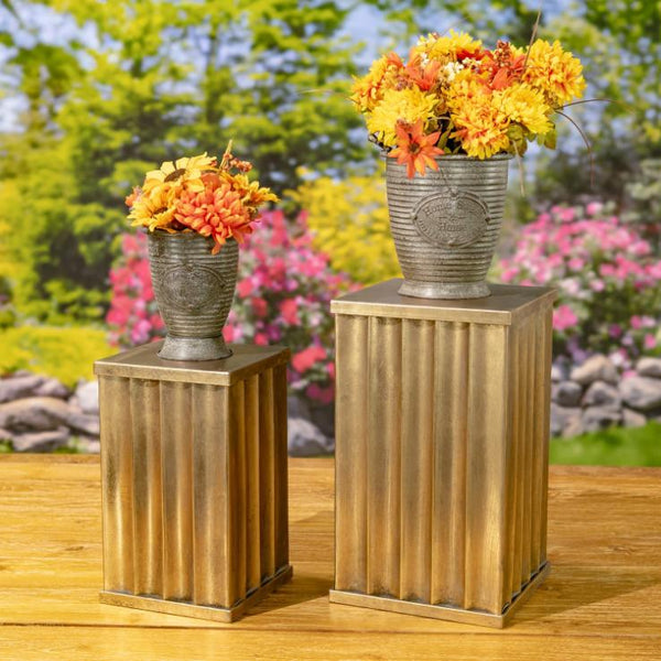 Set of 2 Assorted Gold Metal Decorative Pedestal Pillar Stands