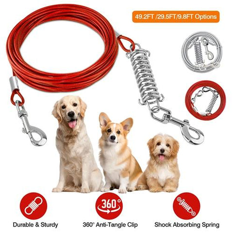 Dog Tie Steel Wire Cable Long Lead Dog Leash Chew Proof Dog Chain Durable Spring 360° Rotatable