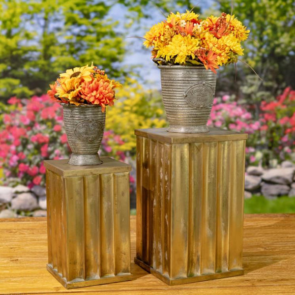 Set of 2 Assorted Gold Metal Decorative Pedestal Pillar Stands