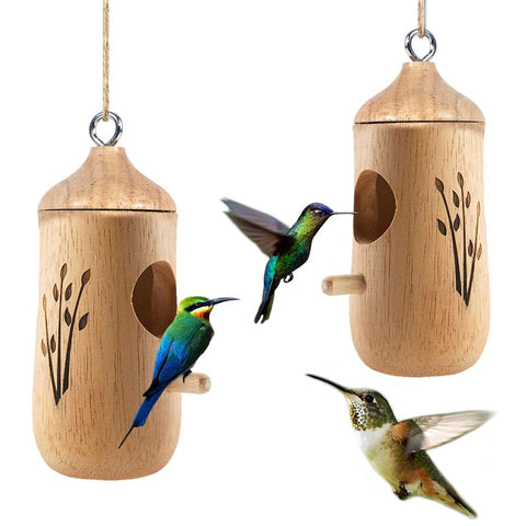 2 Pack Wooden Hanging Humming Bird Houses for Outside Bird Nest Feeder Patio Garden