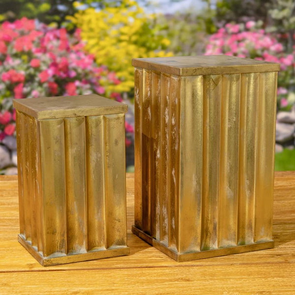 Set of 2 Assorted Gold Metal Decorative Pedestal Pillar Stands