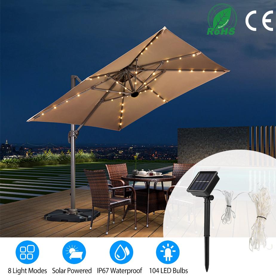 hanging lights for patio umbrella Generic Solar Umbrella Lights Outdoor Parasol String Light 8 Lighting Mode Waterproof 104 LED 8 Bundles Warm White