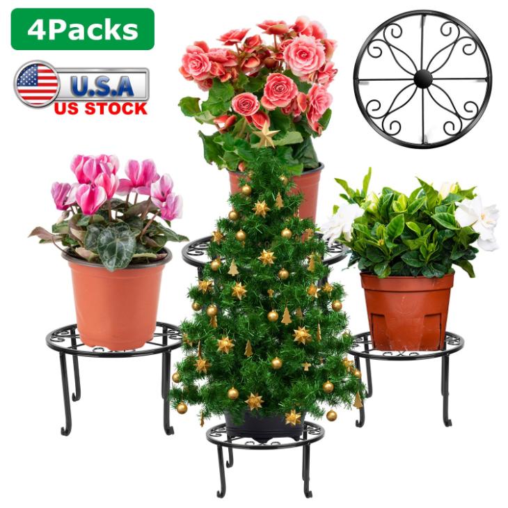 pots on stands for plants 4 Pack Iron Plant Stands Heavy Duty Round Flower Pot Holder Black Decor