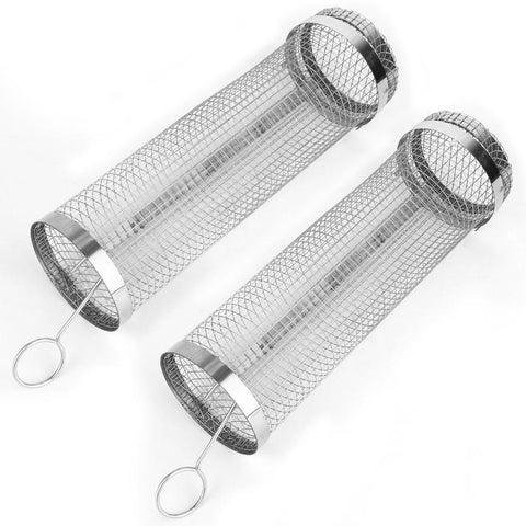 2 Pack BBQ Grill Mesh Rolling Baskets Cylinder Stainless Steel Barbecue Net Tube