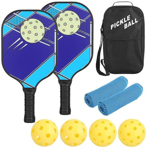 Pickleball Paddle Ball Set 2 Fiberglass Paddles Portable Carry Bag w/ Cooling Towels