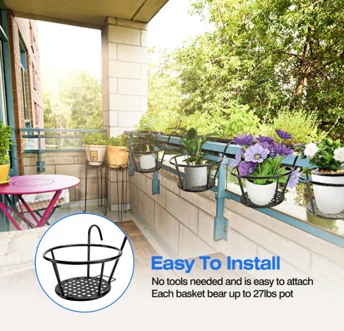 Round Railing Planters 4Pcs Round Hanging Railing Planters Wrought Iron Flower Pot Holder Ove ...