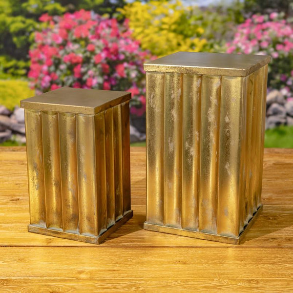Set of 2 Assorted Gold Metal Decorative Pedestal Pillar Stands
