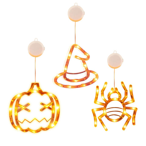 3 Pack Halloween Window Light Spider Witch Hat Pumpkin Orange Light Hanging Decoration