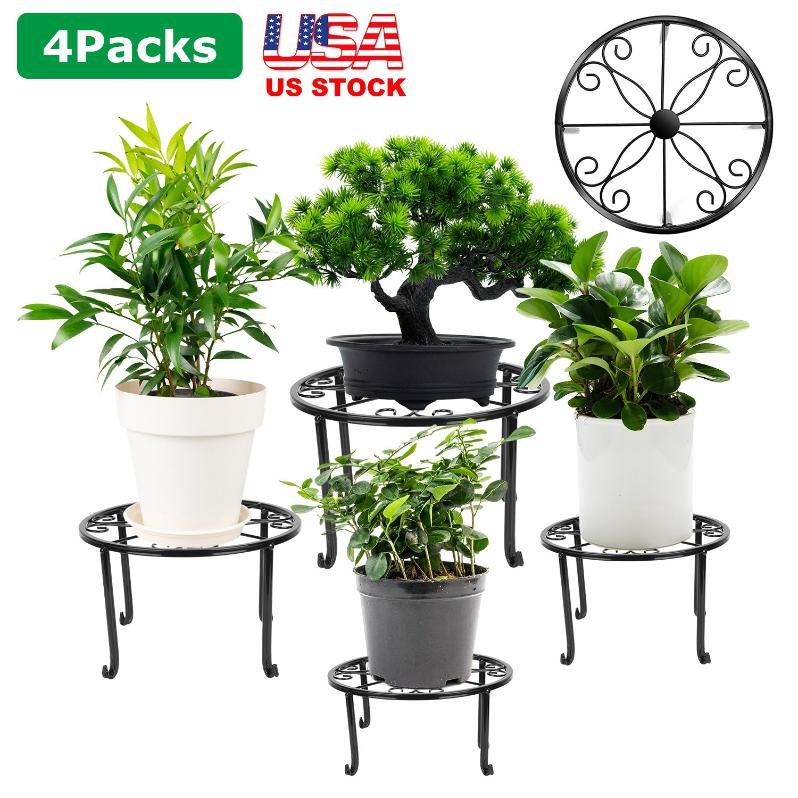 round plant rack 4 Pack Iron Plant Stands Heavy Duty Round Flower Pot Holder Black Decor