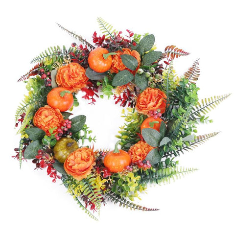 Fall Decoration Autumn Wreath with Pumpkin Mixed Leaves Berries Flowers Halloween Thanksgiving