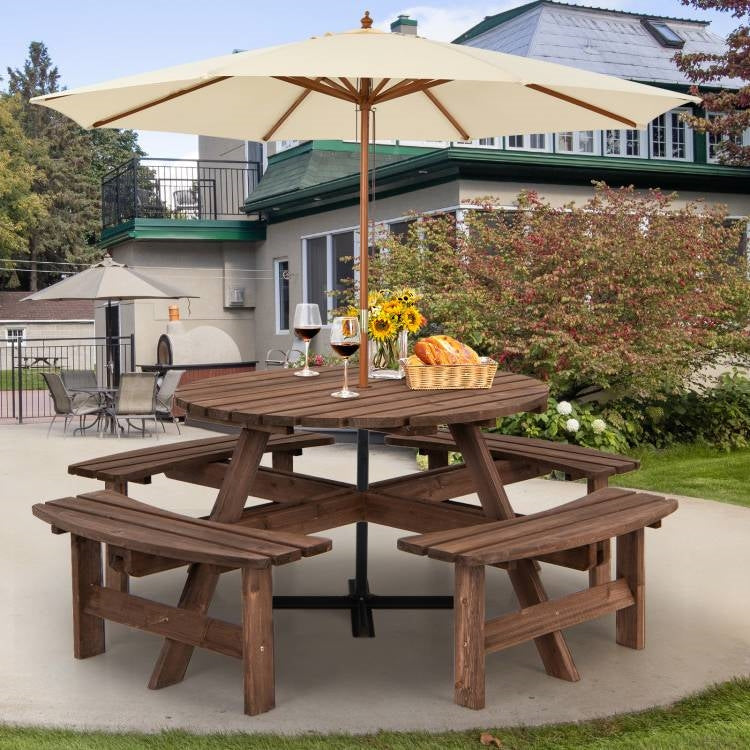 Espresso Wooden 8 Seater Picnic Table Umbrella Hole – YardEpic
