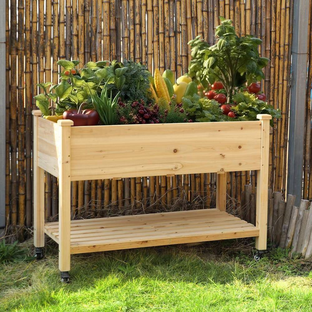 Outdoor Wood Raised Garden Bed Planter Box Cart on Wheels 46-inch x 22 ...