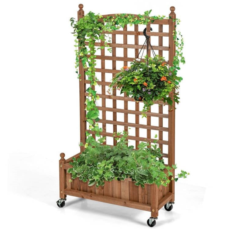 planter box with trellis on wheels Outdoor Solid Wood Raised Garden Bed Mobile Planter Box with Trellis o – YardEpic